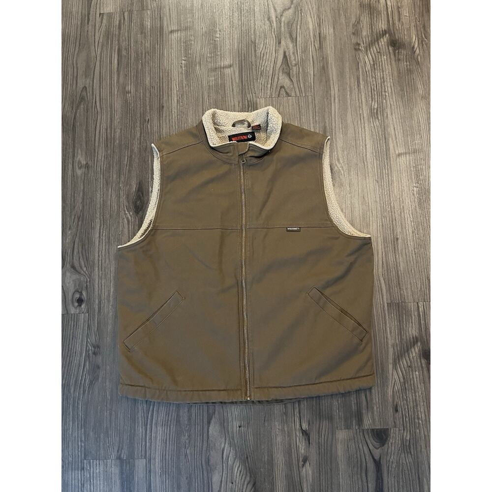 Wolverine Canvas Sherpa Lined Vest Jacket Mens XL Full Zip Pockets Brown Work